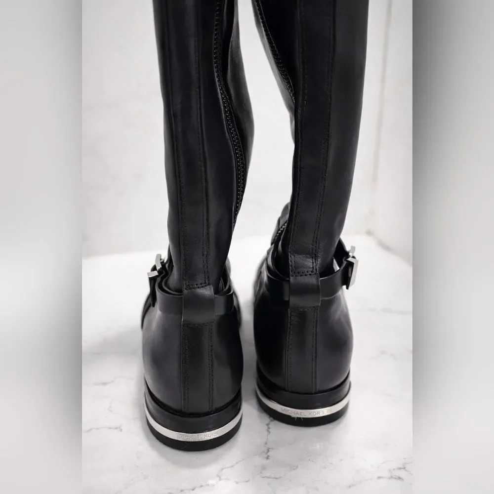 Michael Kors Arley Tall Riding Boots Black Leather Size 7 Silver Hardware Zipper